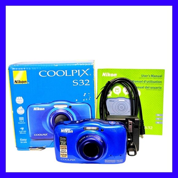 Nikon COOLPIX S32 13.2MP Digital Camera Blue Waterproof Box Battery Charger Card - Picture 1 of 16